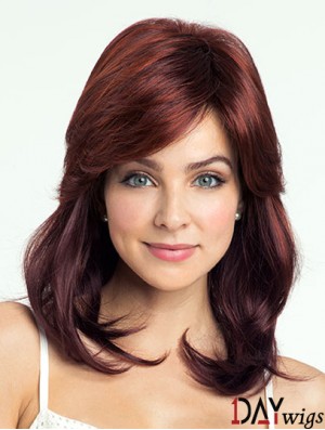 Red Shoulder Length Wavy With Bangs 14 inch Discount Medium Wigs