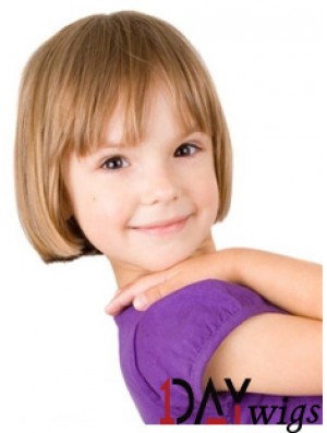 Straight Short Blonde Remy Real Hair 100% Hand-tied Kids Wigs