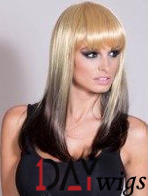 Affordable Ombre/2 Tone Long Straight With Bangs 20 inch Real Lace Wigs