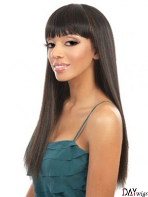 Long Brown Yaki With Bangs Durable African American Wigs